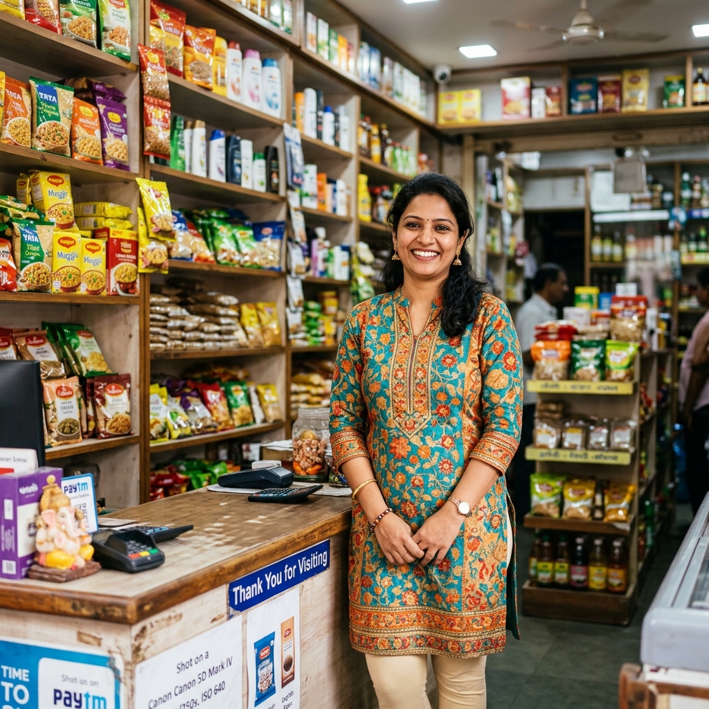 Smiling Indian woman entrepreneur standing in her retail shop